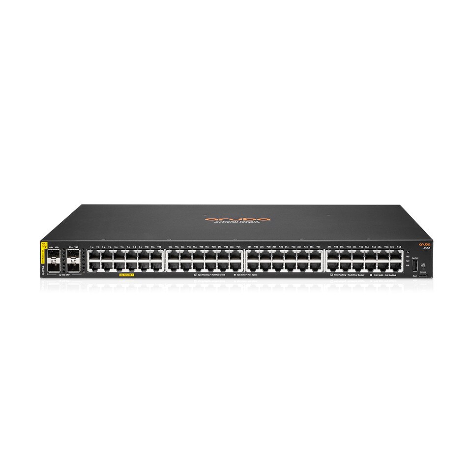 Switch Aruba 6100 48G 48 porturi 10/100/1000Base-T, CL4, 4 porturi SFP+, Standarde IEEE 802.1D, IEEE 802.1Q, IEEE 802.1p, IEEE 802.1s, IEEE 802.1w, IEEE 802.3, IEEE 802.3ab, IEEE 802.3ad, IEEE 802.3af, IEEE 802.3at, IEEE 802.3az, IEEE 802.3x