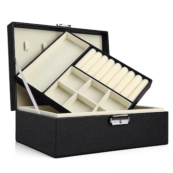 Leexo - ékszer szervező doboz, műbőr, 23 x 8.5 x 18 cm, fekete / krémszín