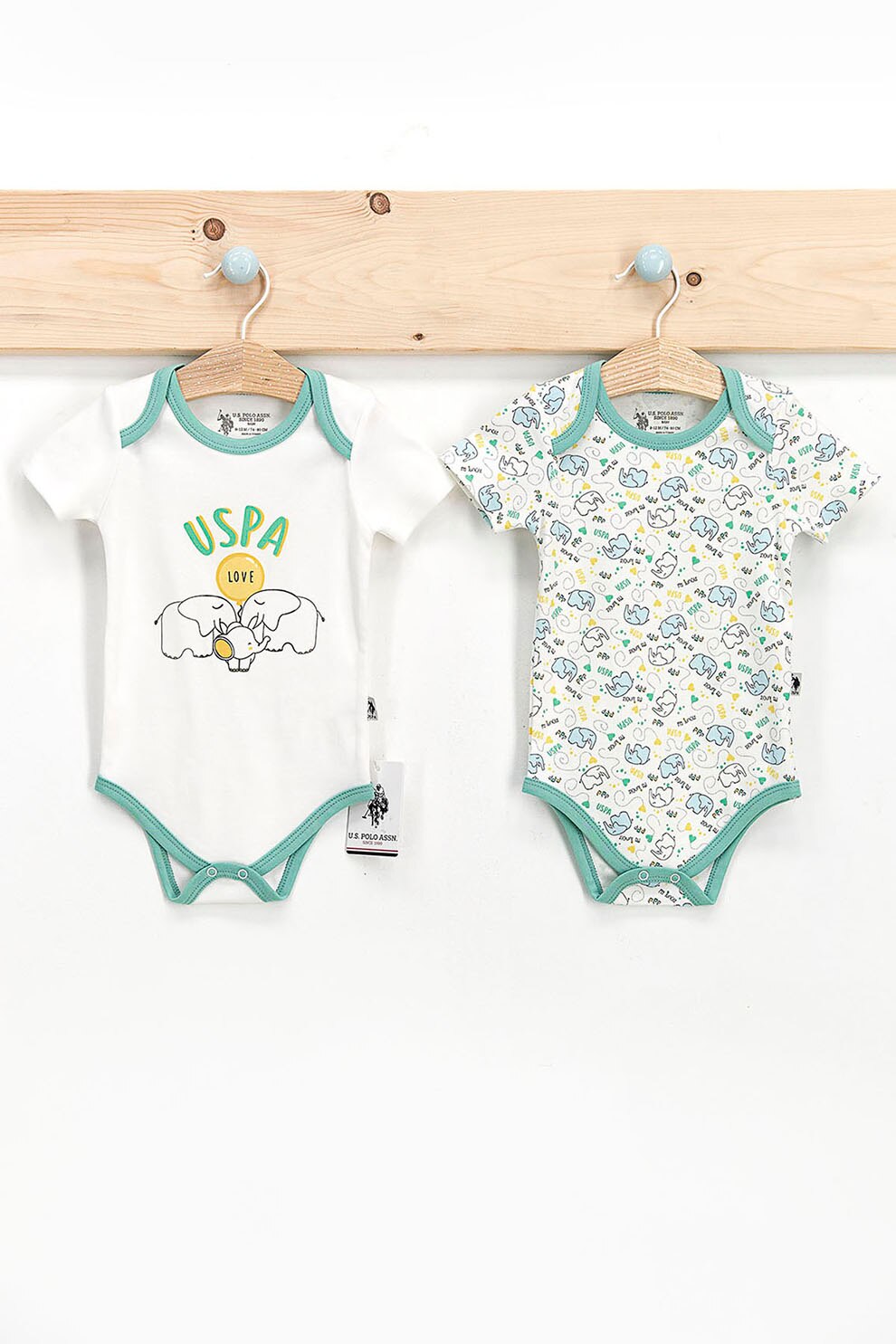 U.S. Polo Assn., Set de body cu imprimeu - 2 piese, Alb/verde