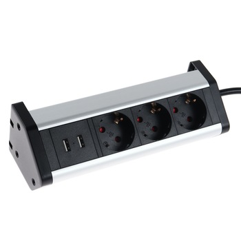Prelungitor mobilier Hoff Line, 3 prize cu contact protectie si 2 prize USB 5V 2.1A, 4000W Prelungitor mobilier Hoff Line, 3 prize cu contact protectie si 2 prize USB 5V 2.1A, 4000W