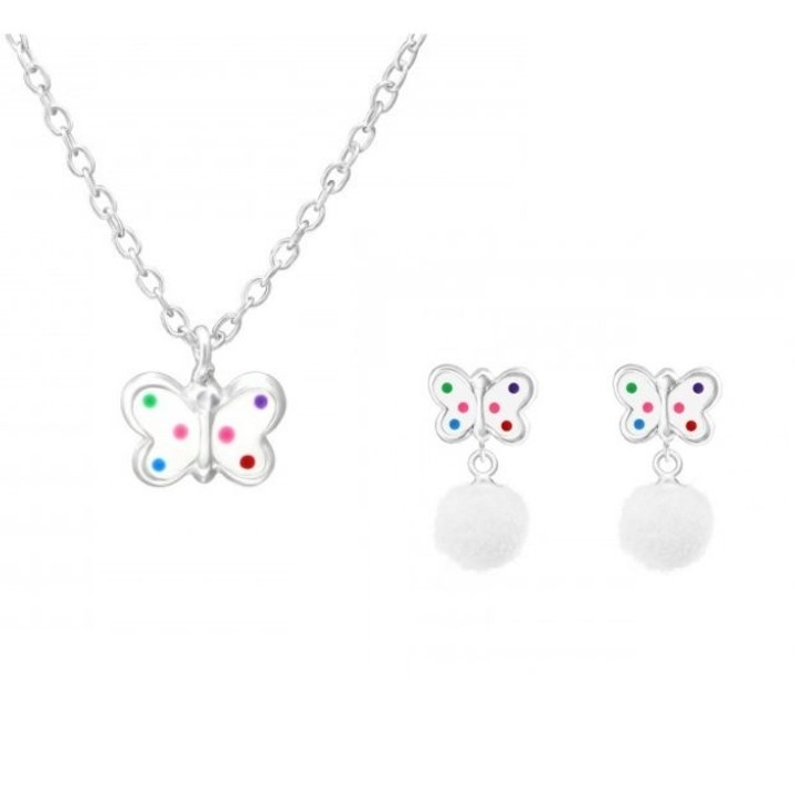 Fülbevaló és nyaklánc készlet pillangó medállal White I 925 ezüst, ezüst színben, ékszerdobozsal
