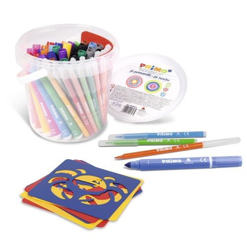 Set de 72 carioci lavabile Imaginarium Jumbo & Fine Fibre, 36 cu varf de 7,6 mm si 36 cu varf de 2,5 mm, cu 3 sabloane incluse