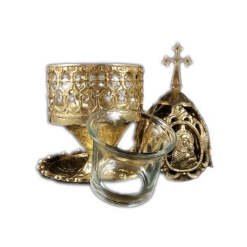 Candela de masa cu suport, capac si pahar, Createur, Metal, Auriu, 21 cm Candela de masa cu suport, capac si pahar, Createur, Metal, Auriu, 21 cm