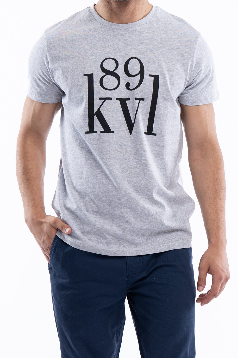 Kenvelo, Tricou cu decolteu la baza gatului si imprimeu logo, Gri melange/Negru, 2XL