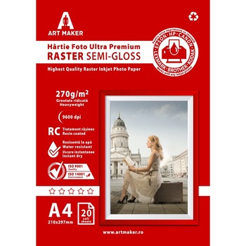 Hartie foto Art Maker Ultra Premium RASTER Semi-Gloss, 270g/mp, rc, A4, 20 coli Hartie foto Art Maker Ultra Premium RASTER Semi-Gloss, 270g/mp, rc, A4, 20 coli