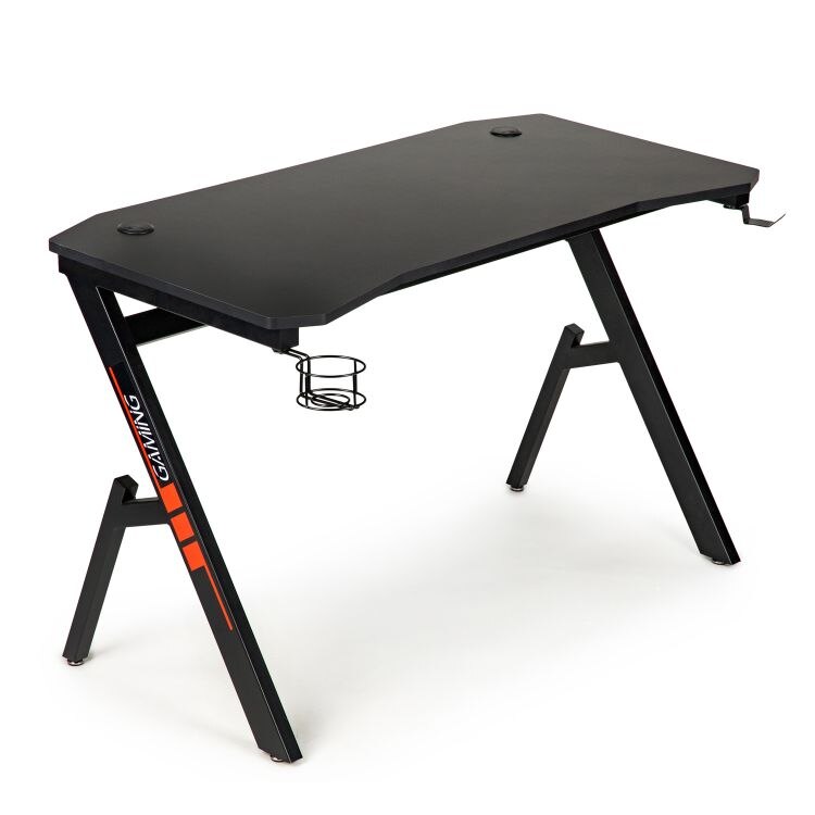 Birou de gaming, negru,cu suport pahar si suport casti, structura metalica, 120 x 58 x 75 cm