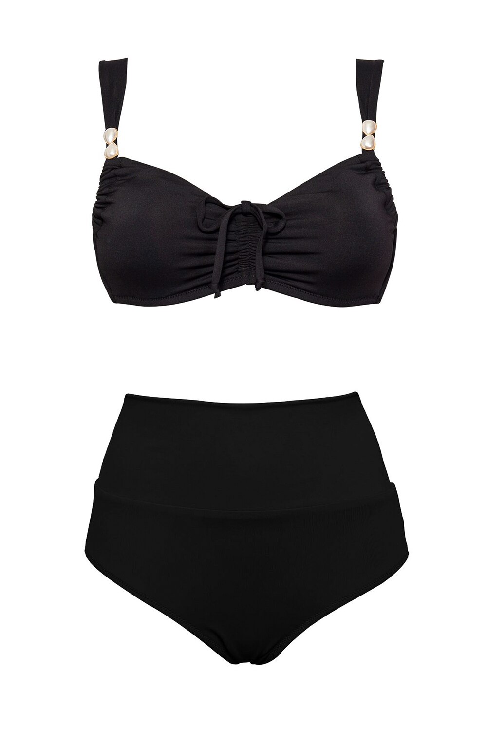 Costum de baie din doua piese format din sutien fara burete si chilot cu talie reglabila, Lux, Intimamoda, Model Uni cu perlute PE54,, Negru
