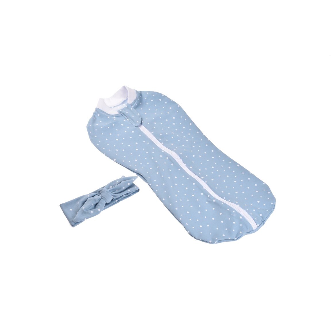 Set 2 piese Sistem de infasat si bentita bumbac model bleu cu buline negre