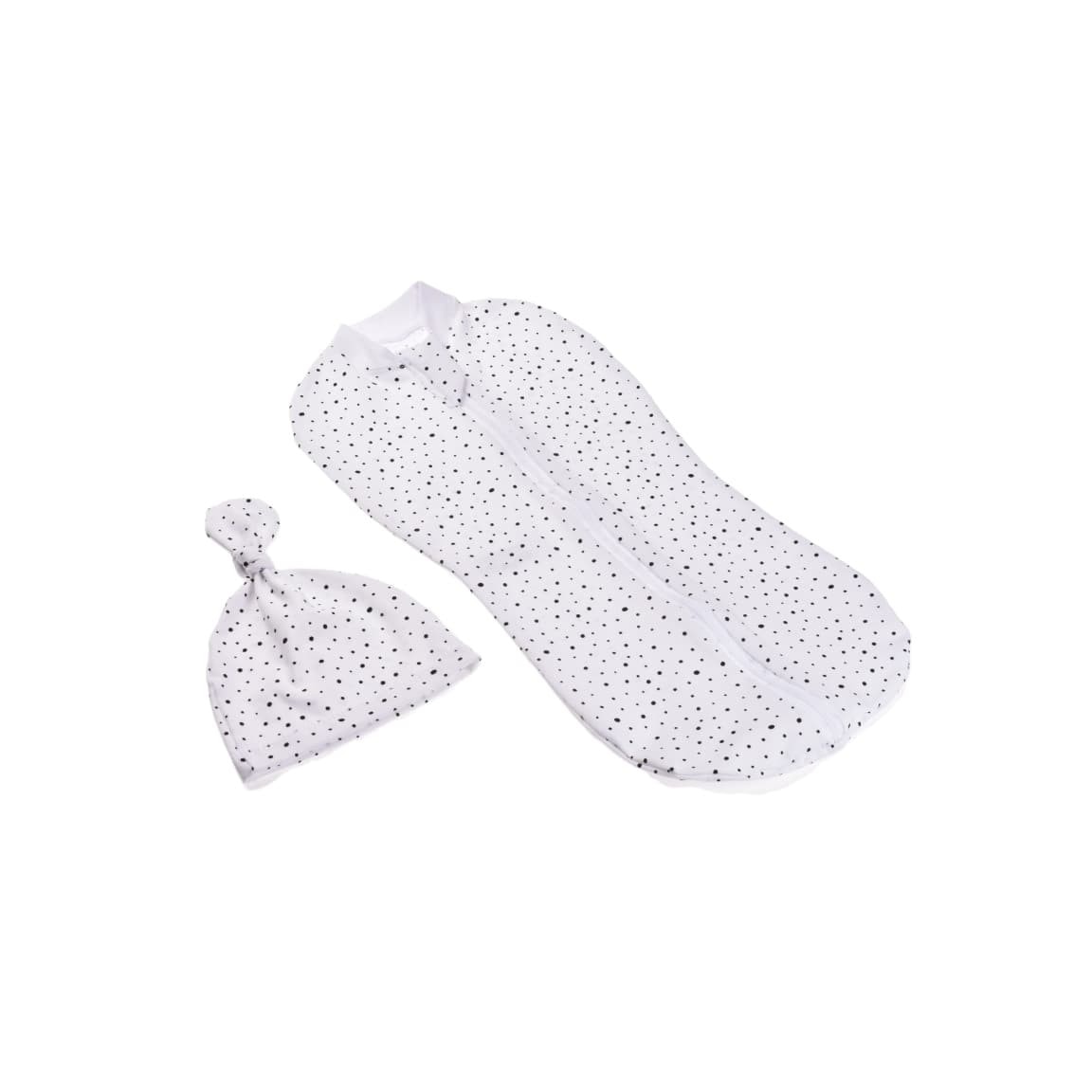 Set 2 piese Sistem de infasat si caciulita bumbac alb cu buline negre
