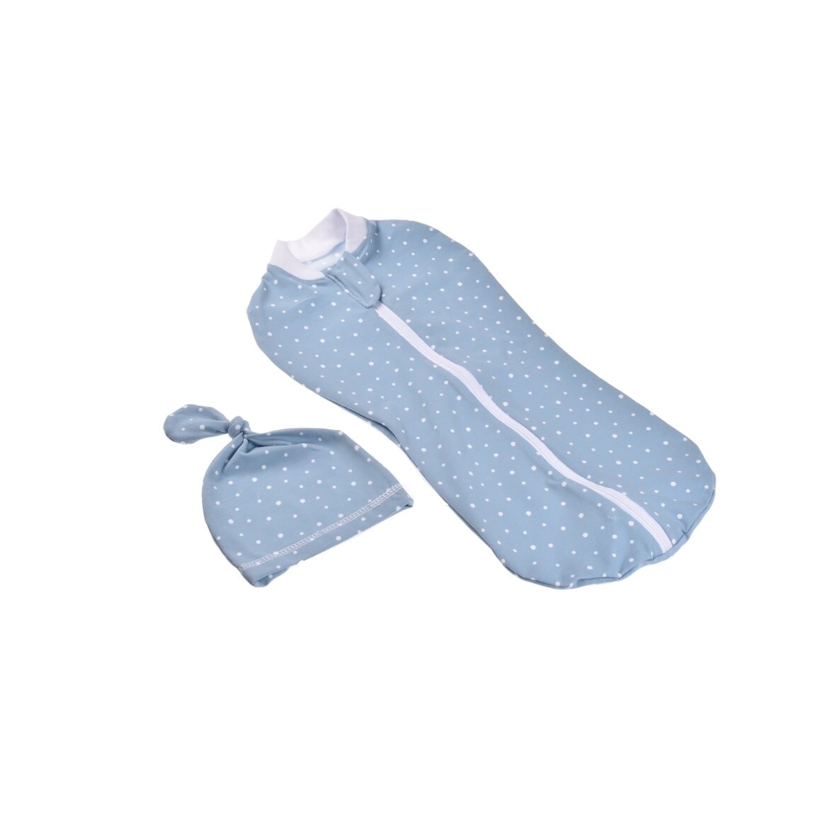 Set 2 piese Sistem de infasat si caciulita bumbac bleu cu buline negre