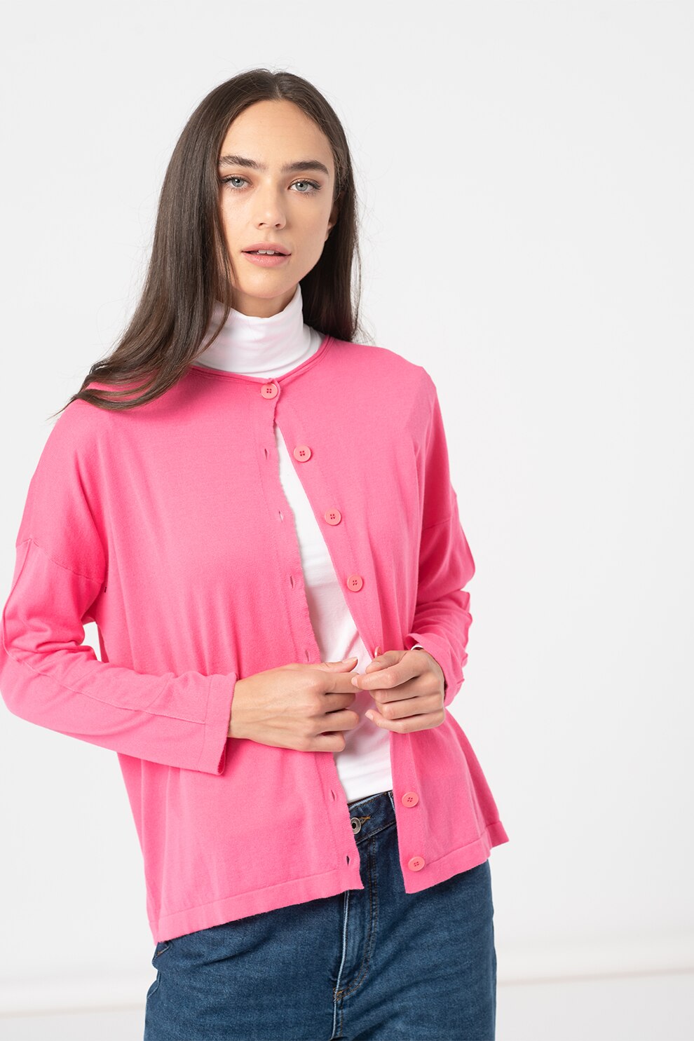 United Colors of Benetton, Cardigan relaxed fit din amestec de bumbac si modal, Roz