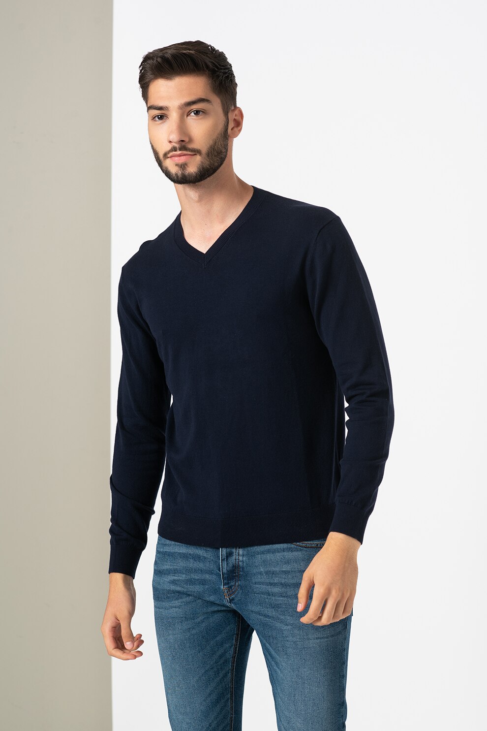 United Colors of Benetton, Pulover tricotat fin cu decolteu in V, Bleumarin, S