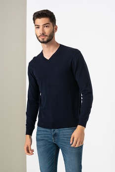 United Colors of Benetton, Pulover tricotat fin cu decolteu in V, Bleumarin, S United Colors of Benetton, Pulover tricotat fin cu decolteu in V, Bleumarin, S