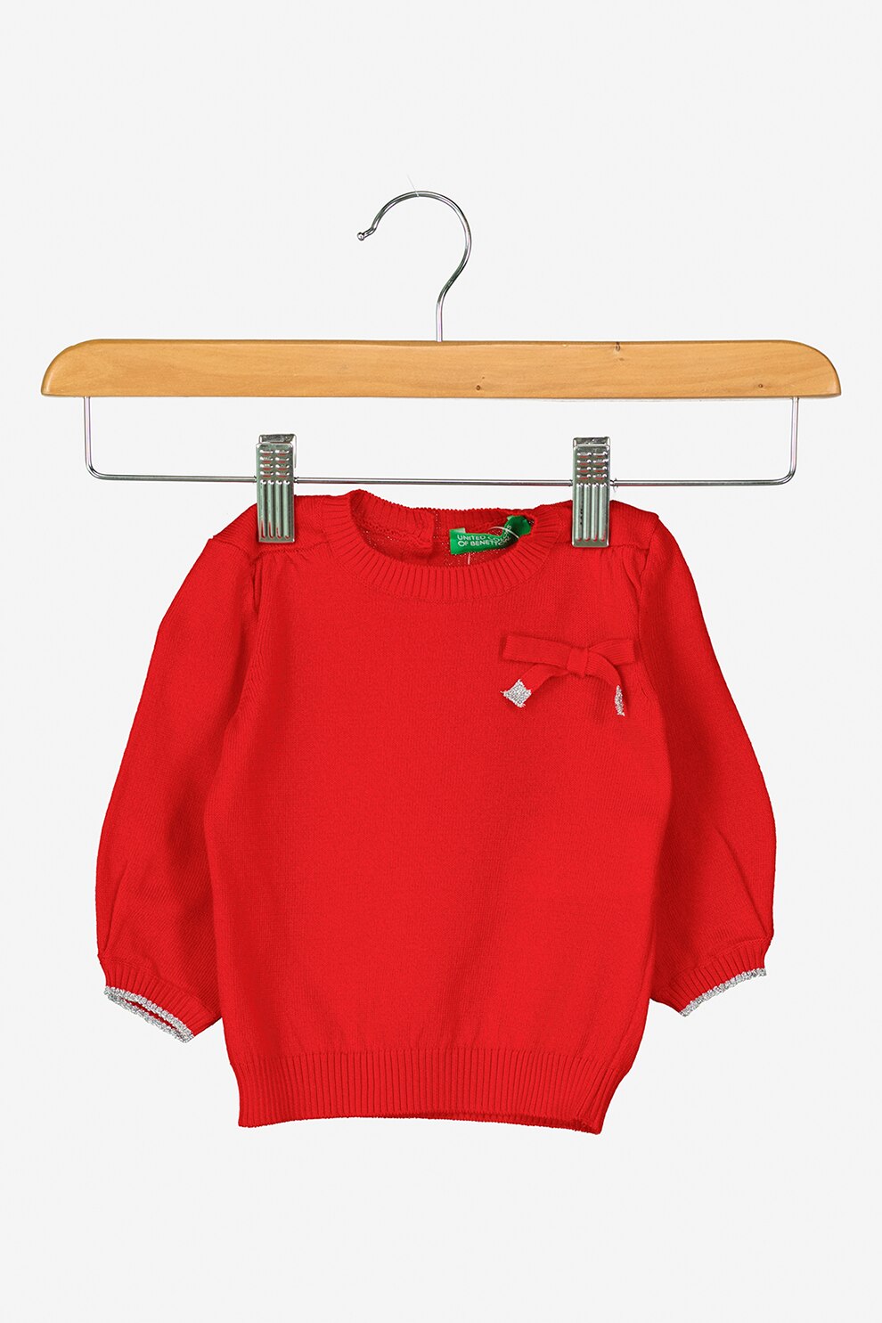 United Colors of Benetton, Pulover din amestec de bumbac cu detaliu cu funda, Rosu/Argintiu