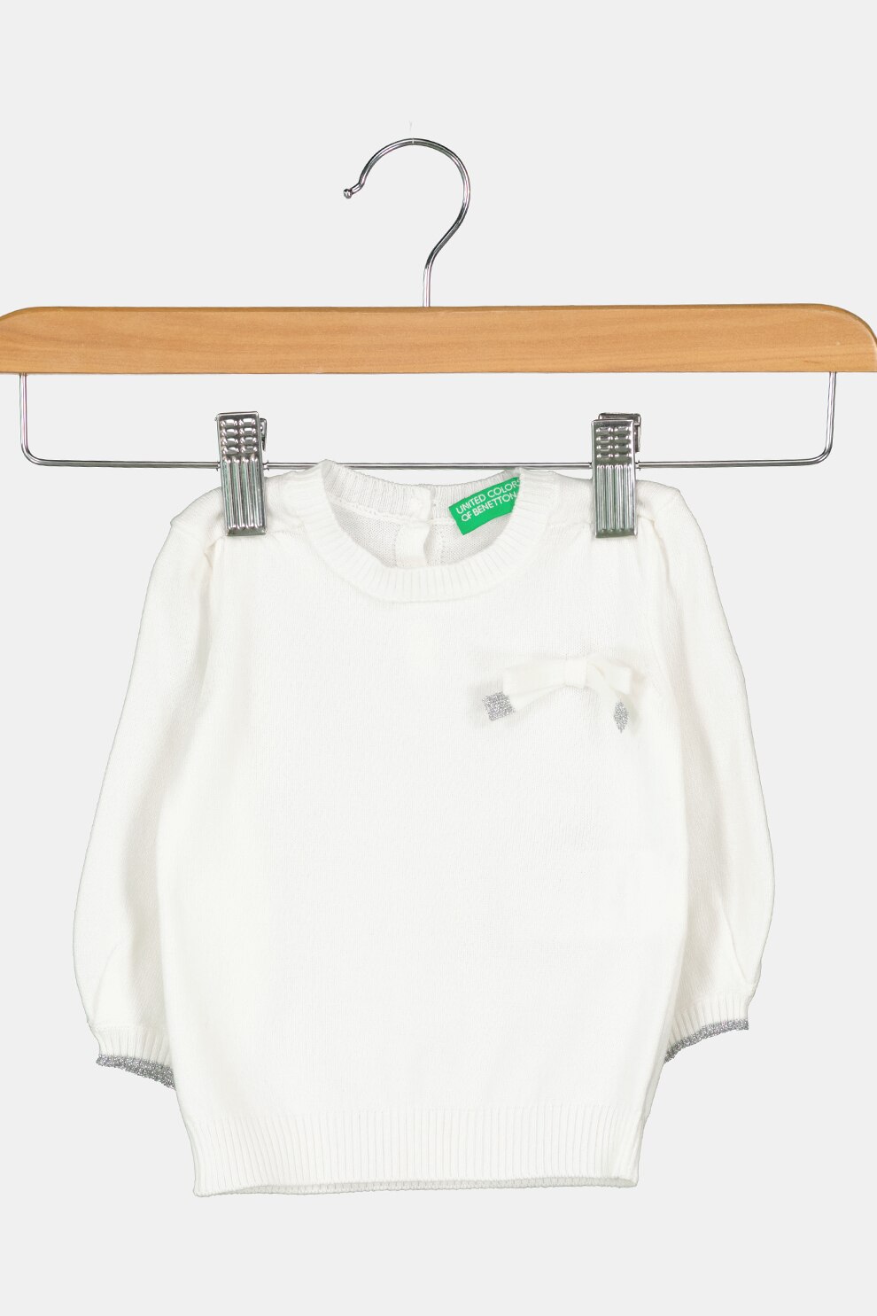 United Colors of Benetton, Pulover din amestec de bumbac cu detaliu cu funda, Alb/Gri