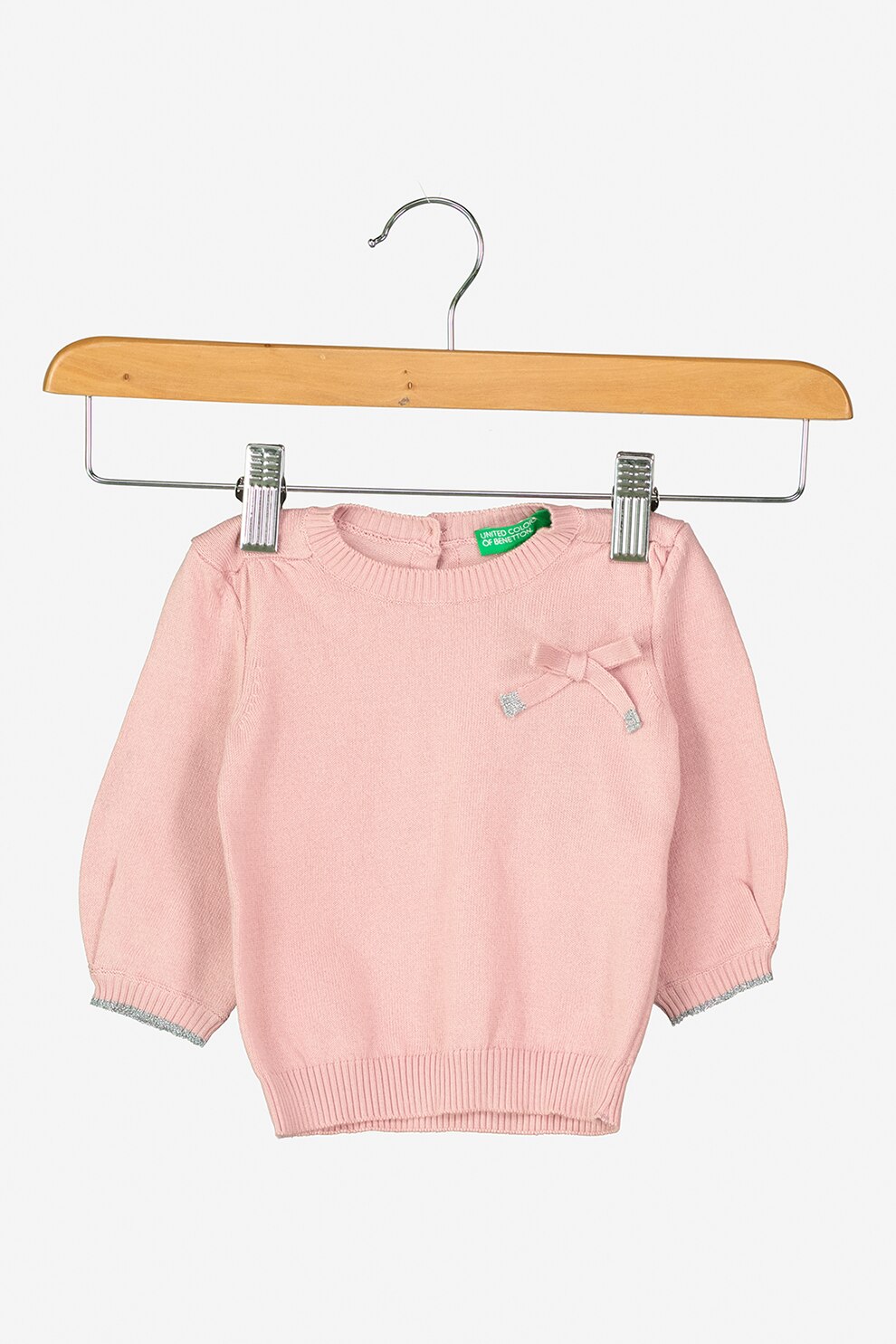 United Colors of Benetton, Pulover din amestec de bumbac cu detaliu cu funda, Roz prafuit/Argintiu