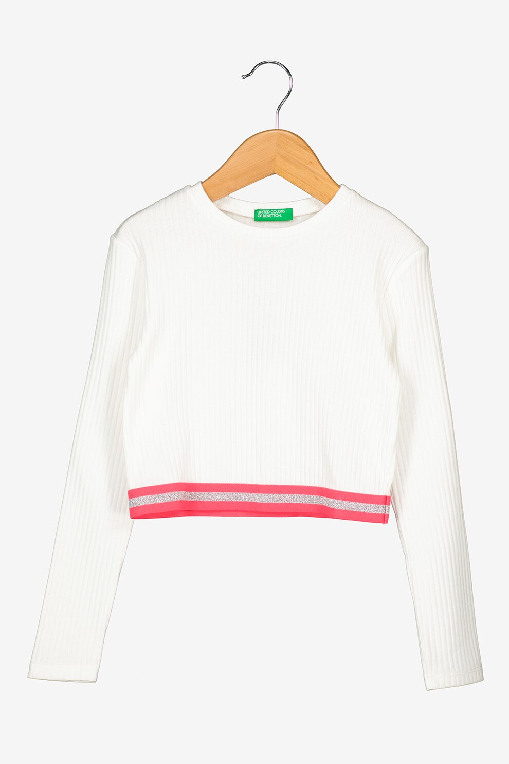 United Colors of Benetton, Bluza crop cu aspect striat, Alb/Roz aprins