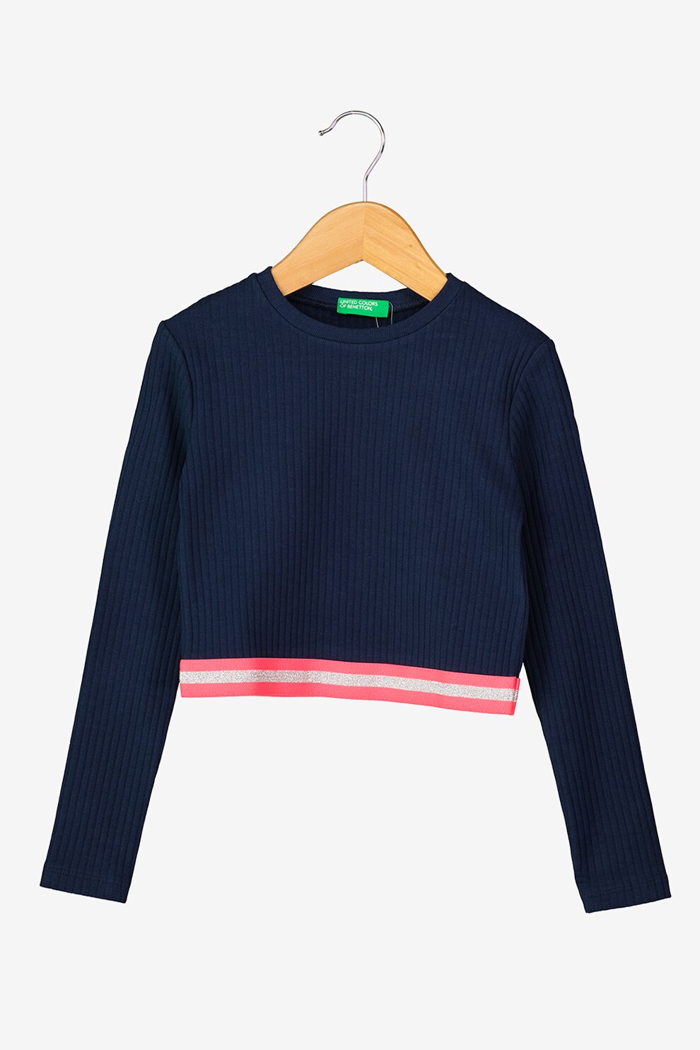 United Colors of Benetton, Bluza crop cu aspect striat, Bleumarin/Roz aprins