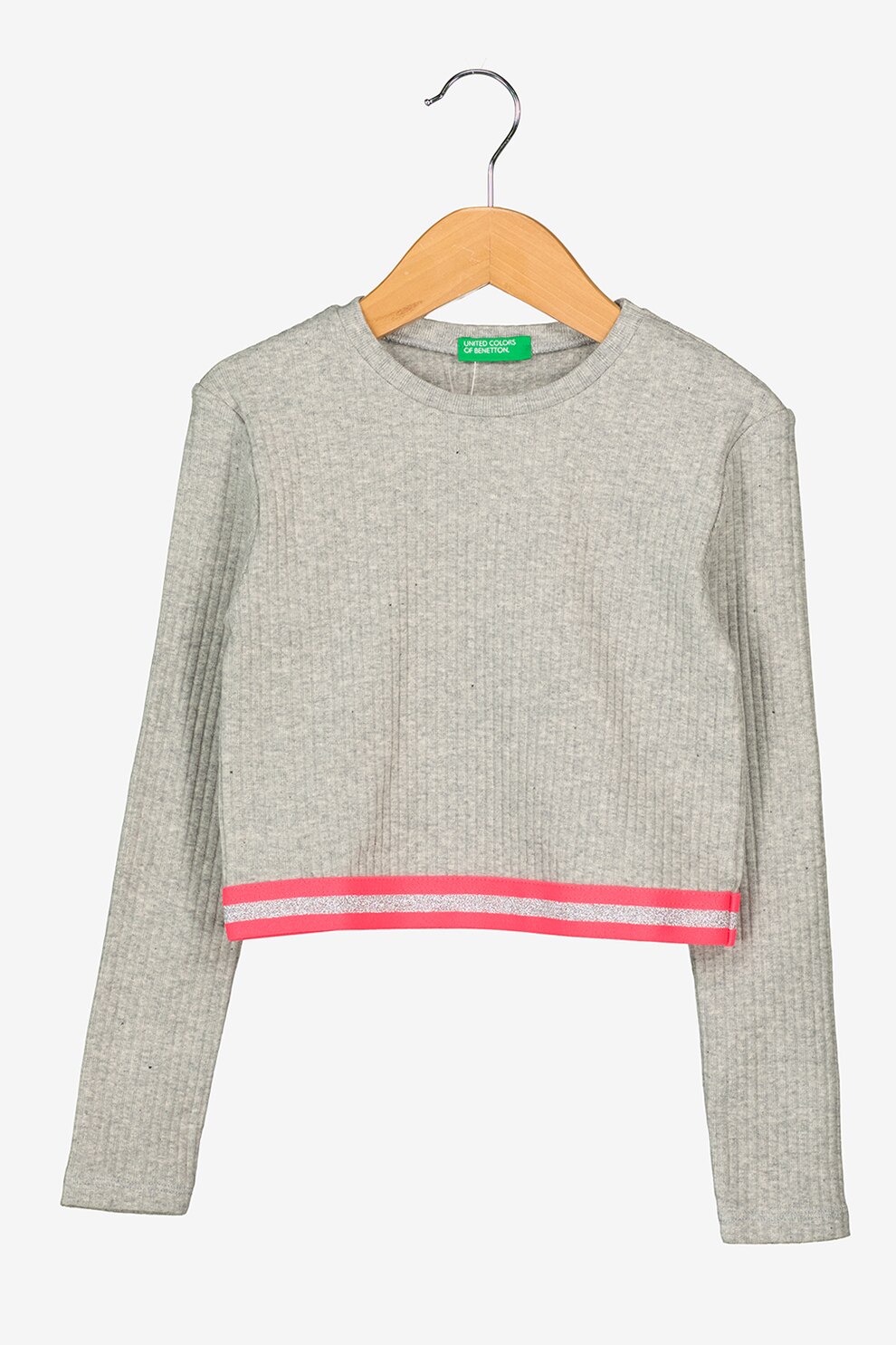 United Colors of Benetton, Bluza crop cu aspect striat, Gri melange/Roz aprins