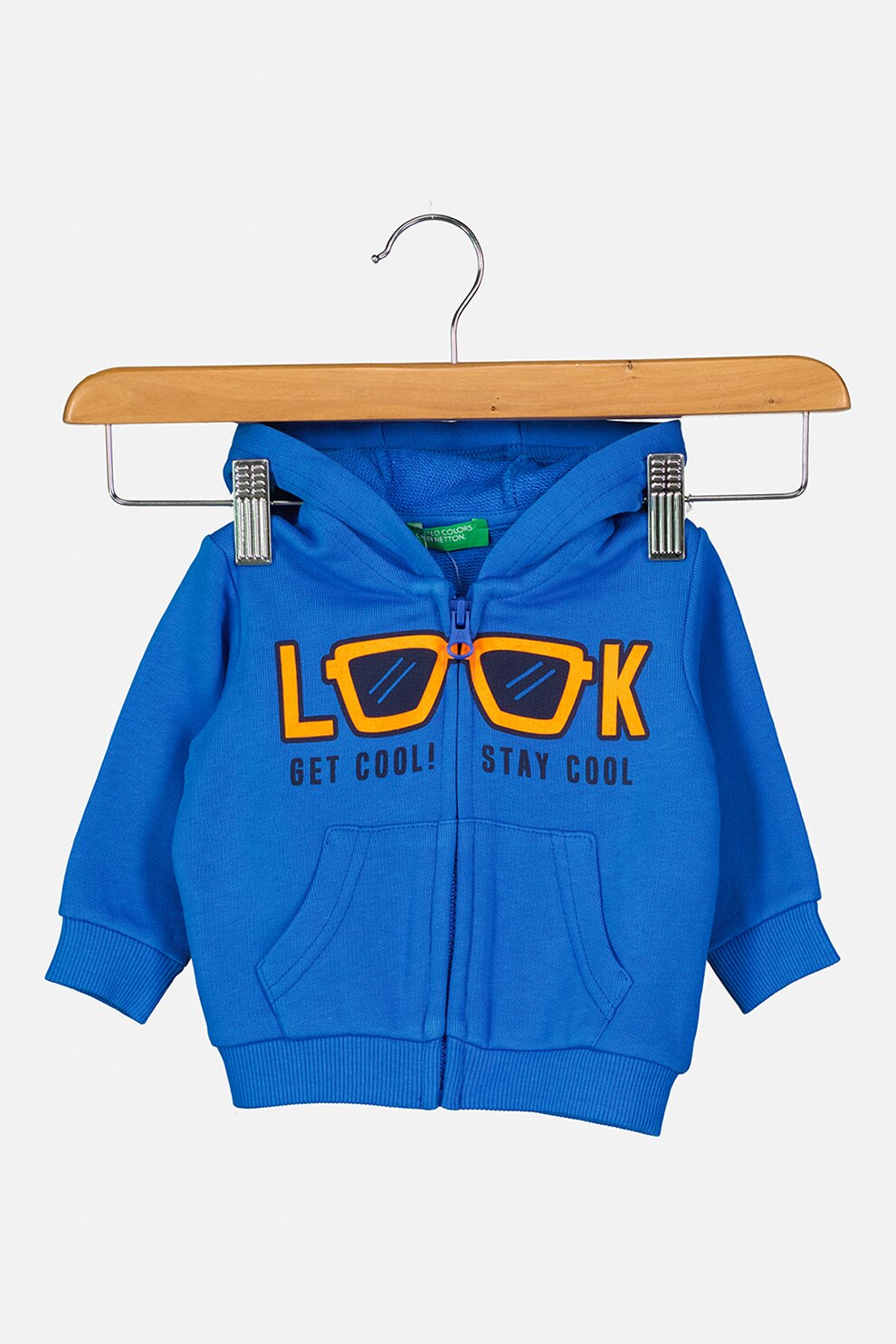 United Colors of Benetton, Hanorac din bumbac organic cu fermoar, imprimeu grafic si text, Albastru/Oranj mandarina