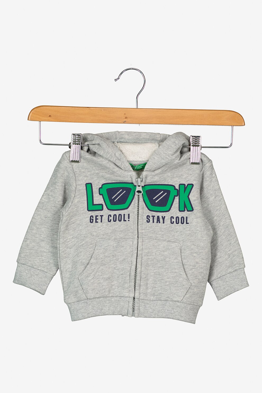 United Colors of Benetton, Hanorac din bumbac organic cu fermoar, imprimeu grafic si text, Gri/Verde/Bleumarin