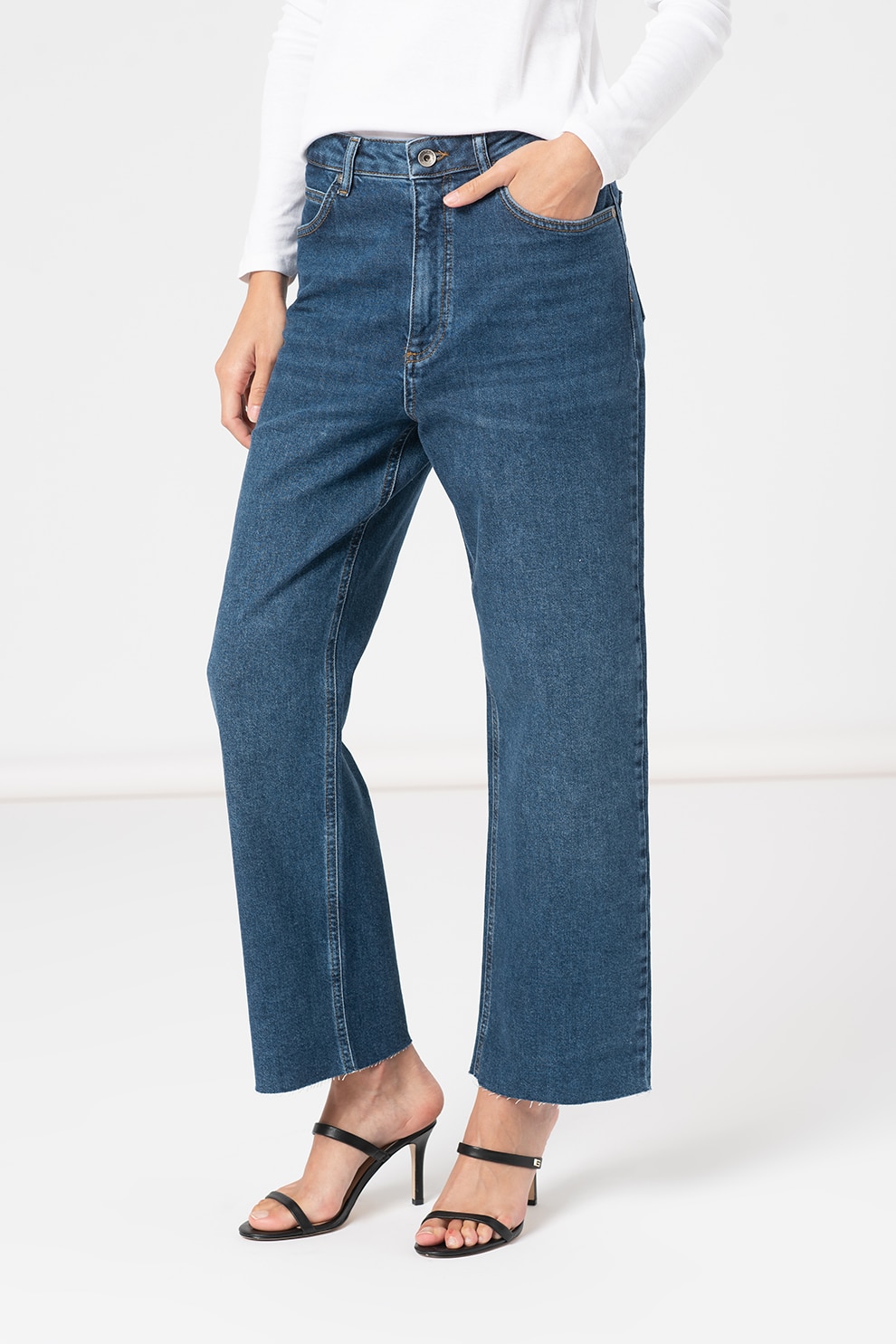 United Colors of Benetton, Blugi crop cu croiala dreapta, Bleumarin/Alb