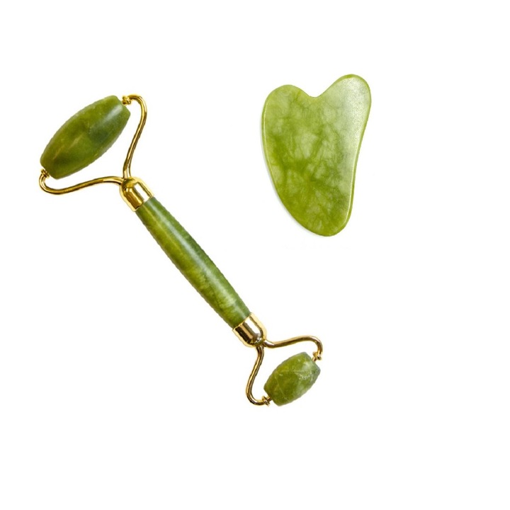 Set roller de jad si Gua Sha, Pentru masaj, Verde