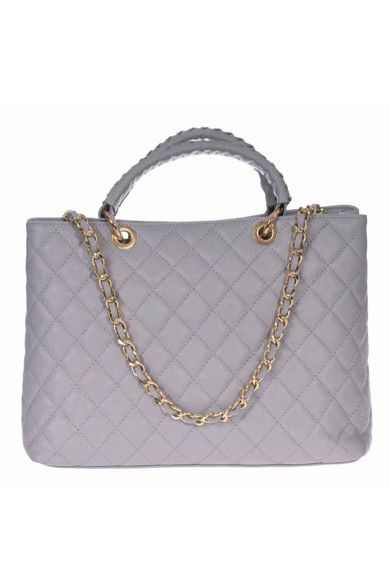 Geanta Dama de Umar, Sabrine, Julietta, Matlasata, Piele Naturala, Gri, 34 x 15 x 25 cm