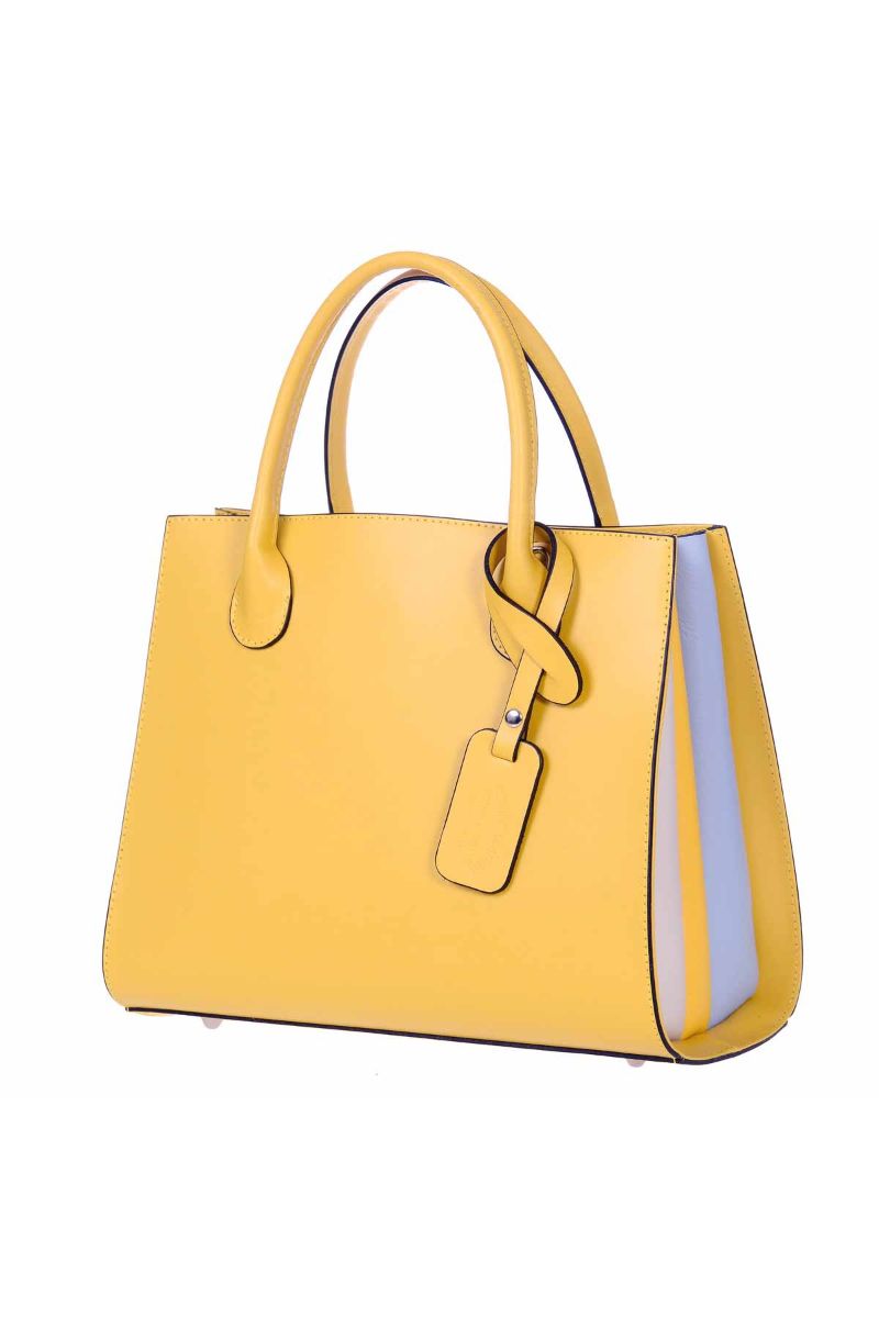 Geanta Dama Eleganta de mana cu bareta detasabila pentru umar, Sabrine, Caliopi, Piele Naturala, Galben, 31 x 14 x 25 cm