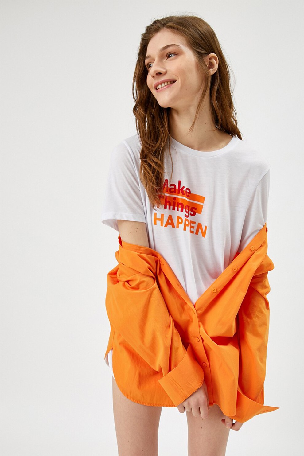 KOTON, Tricou cu decolteu la baza gatului si imprimeu text, Oranj/alb/oranj mandarina