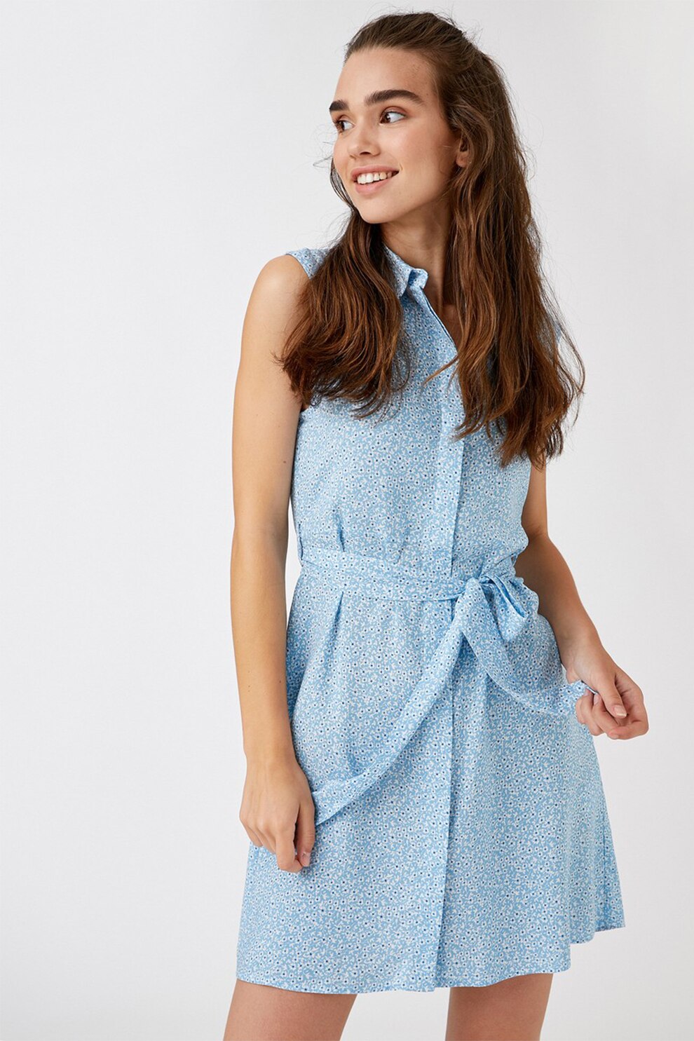KOTON, Rochie scurta tip camasa cu model si cordon in talie, Albastru lavanda/alb/albastru inchis
