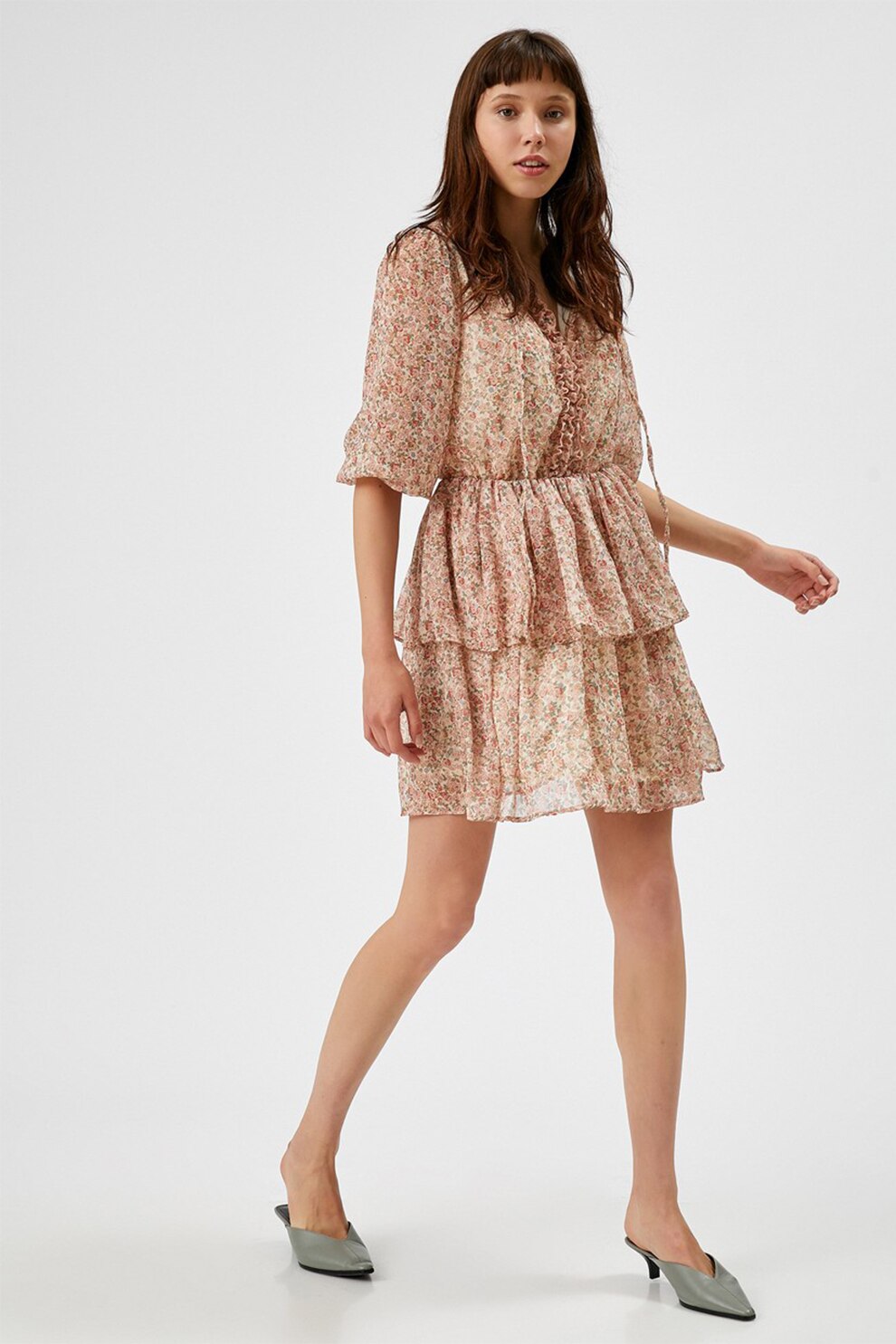 KOTON, Rochie scurta cu model stratificat si model, Maro nisip/oranj persan/verde sparanghel