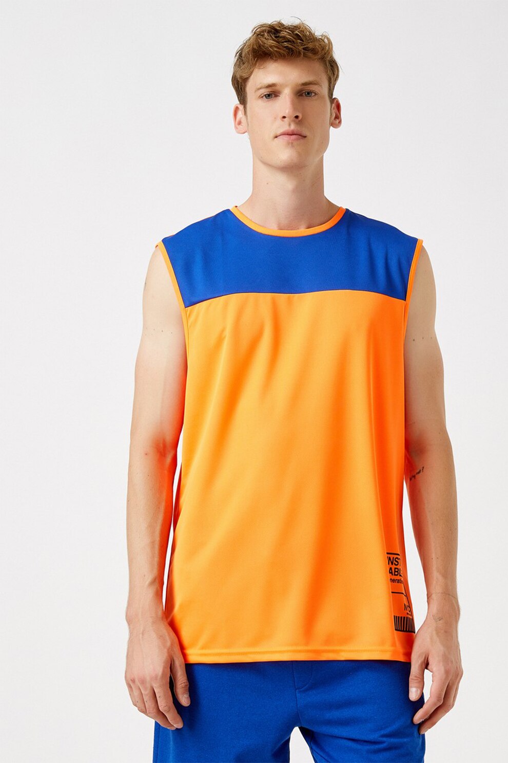 KOTON, Tricou fara maneci cu model colorblock, Oranj/albastru royal, M