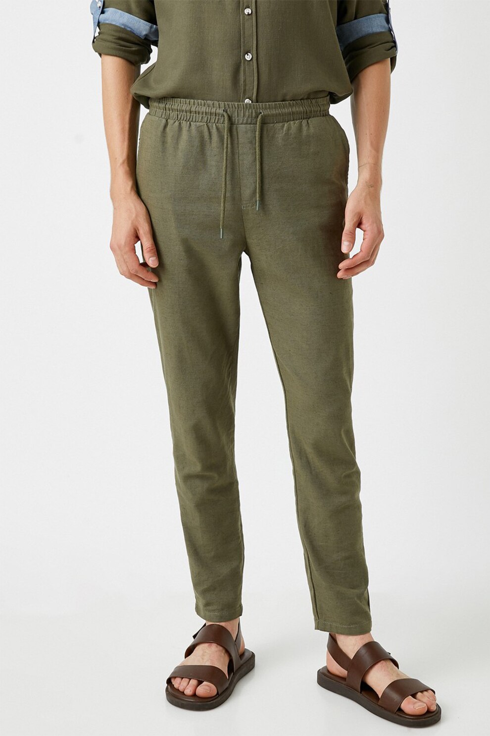KOTON, Pantaloni casual din amestec de in cu snur de ajustare, Verde militar