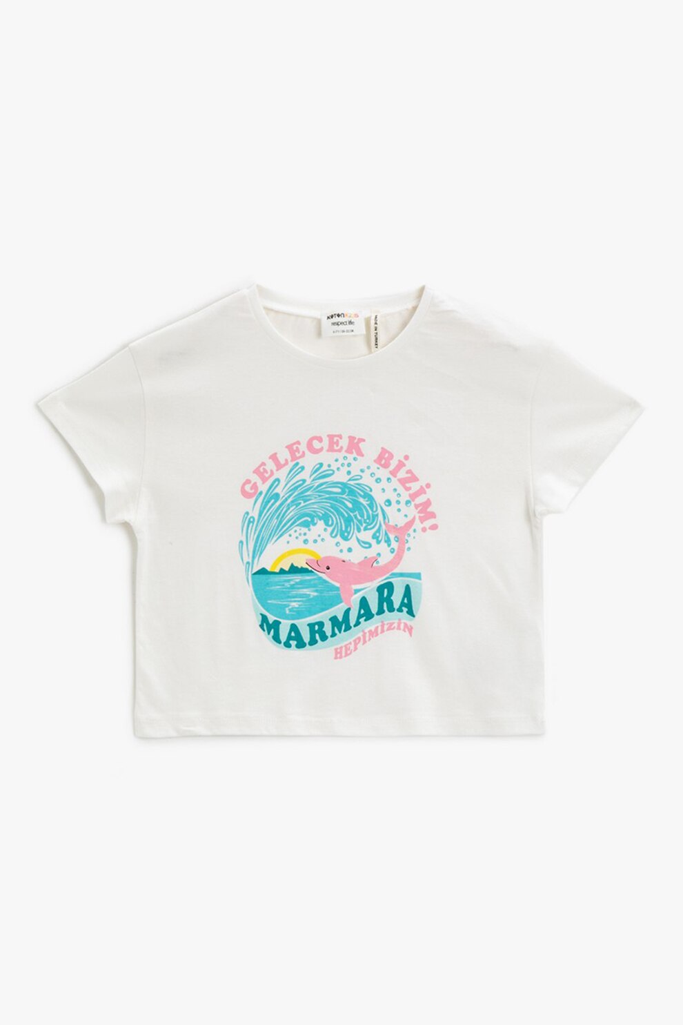 KOTON, Tricou cu decolteu la baza gatului si imprimeu grafic, Alb/albastru turcoaz/roz pastel