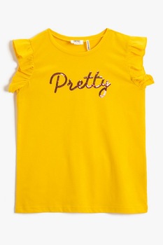 KOTON, Tricou din jerseu cu aplicatie text cu paiete, Galben sofran KOTON, Tricou din jerseu cu aplicatie text cu paiete, Galben sofran