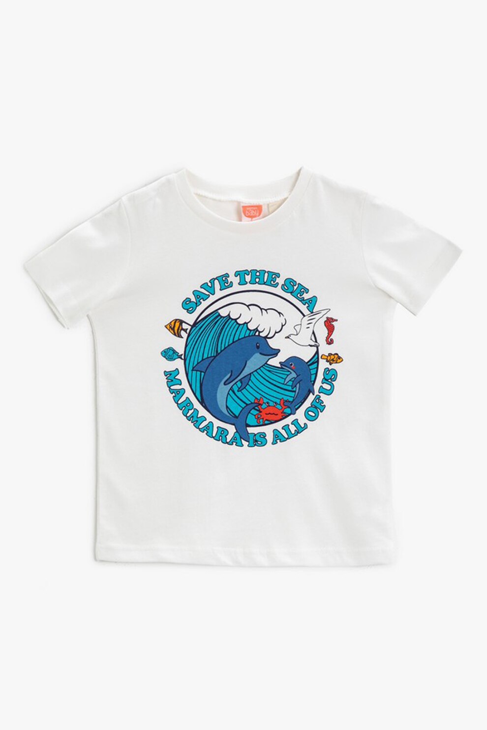 KOTON, Tricou din bumbac cu decolteu la baza gatului si imprimeu, Alb/Albastru/Oranj