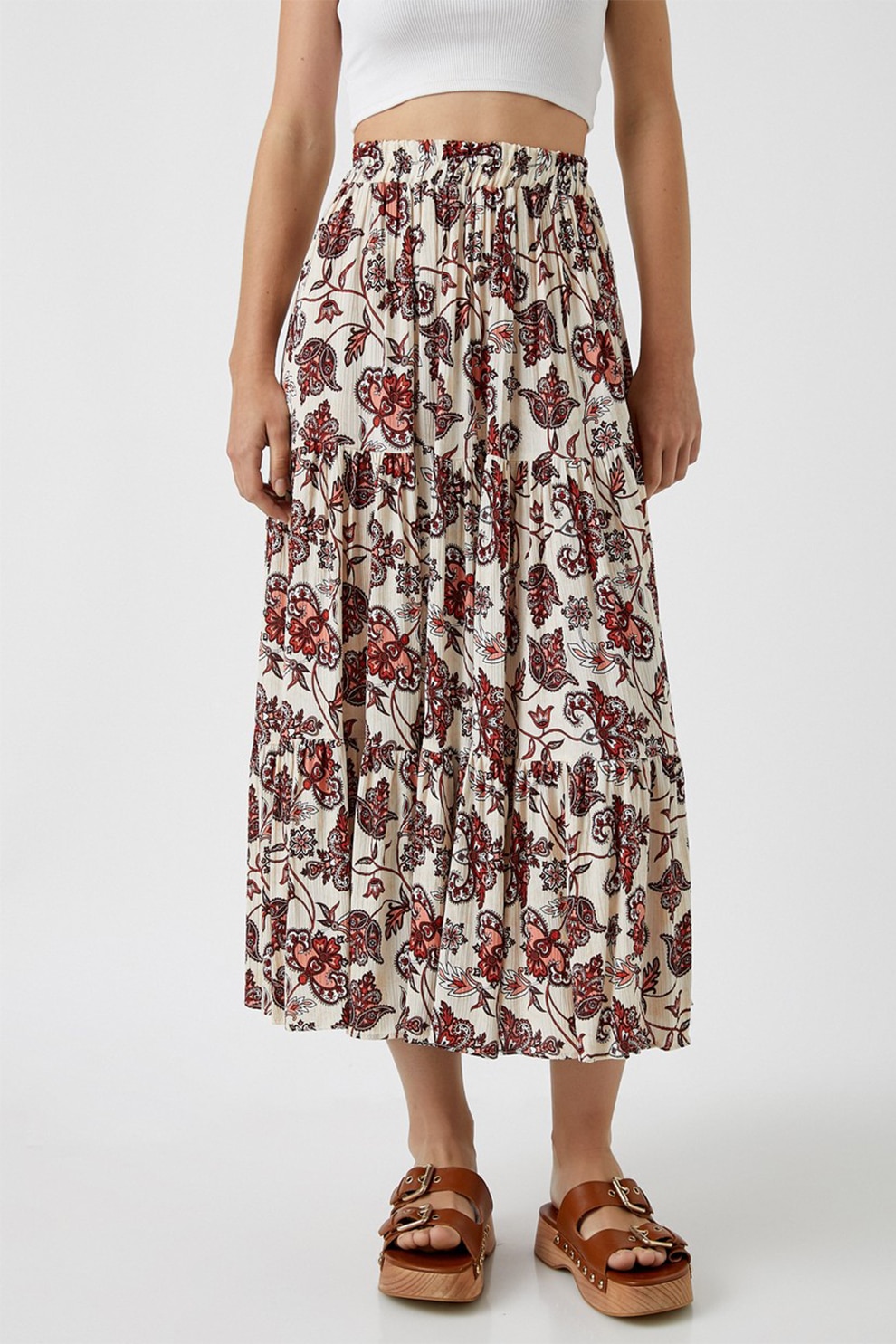 KOTON, Fusta midi evazata cu imprimeu, Maro nisip/maro inchis/oranj persan