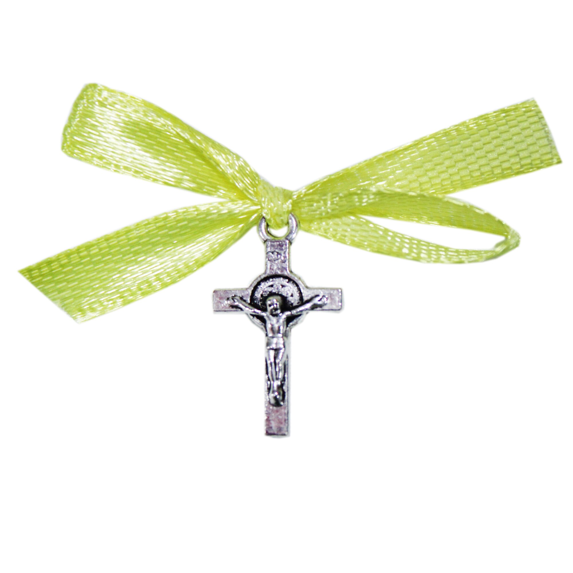 Set 20 marturii, cruciulite din metal cu funda verde neon pentru botez, REC1499