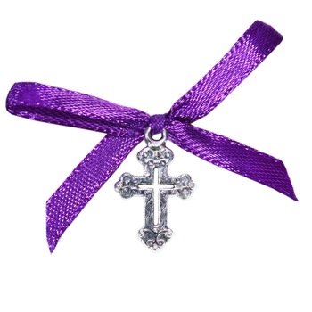 Set 20 marturii, cruciulite din metal cu funda mov pentru botez, REC1501 Set 20 marturii, cruciulite din metal cu funda mov pentru botez, REC1501