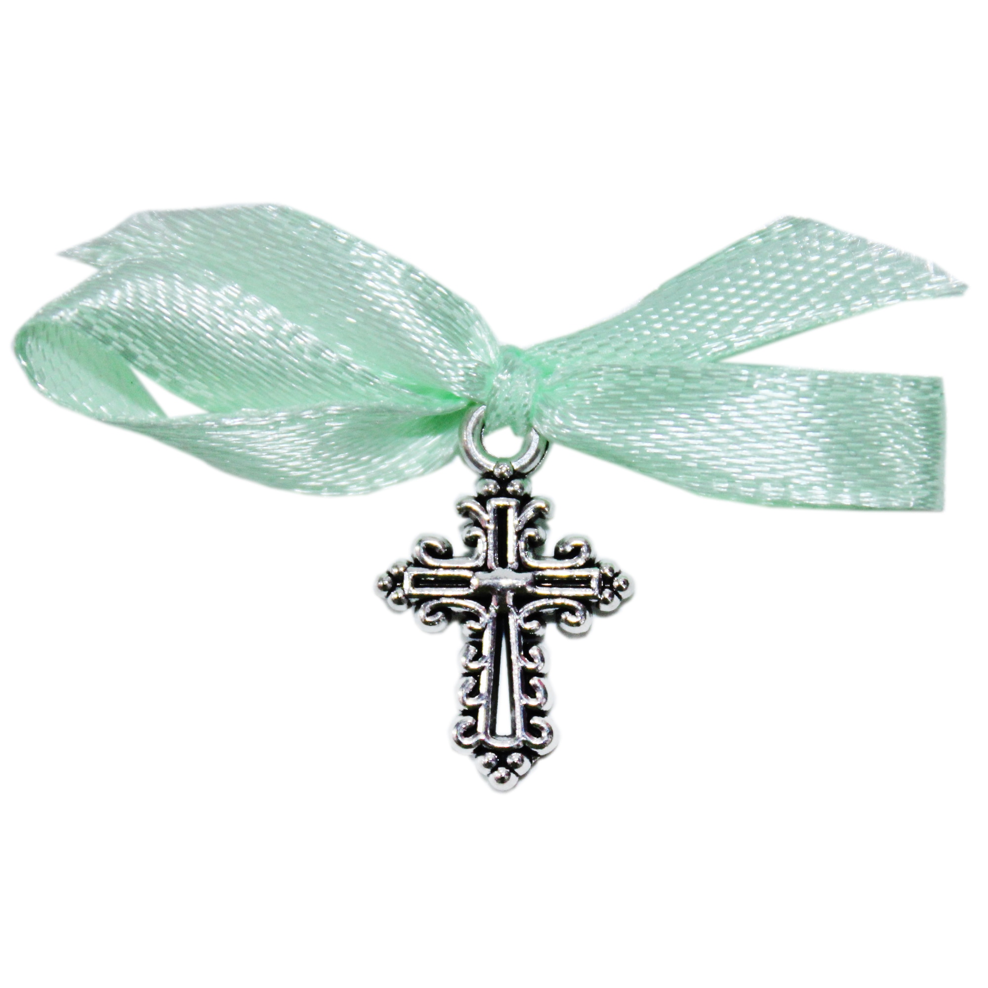 Set 20 marturii, cruciulite din metal cu funda verde menta pentru botez, REC1511