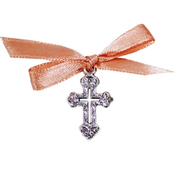 Set 20 marturii, cruciulite din metal cu funda somon pentru botez, REC1509 Set 20 marturii, cruciulite din metal cu funda somon pentru botez, REC1509