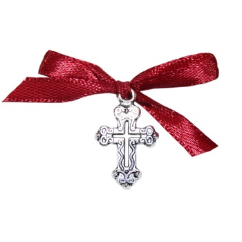 Set 20 marturii, cruciulite din metal cu funda visinie pentru botez, REC1514 Set 20 marturii, cruciulite din metal cu funda visinie pentru botez, REC1514