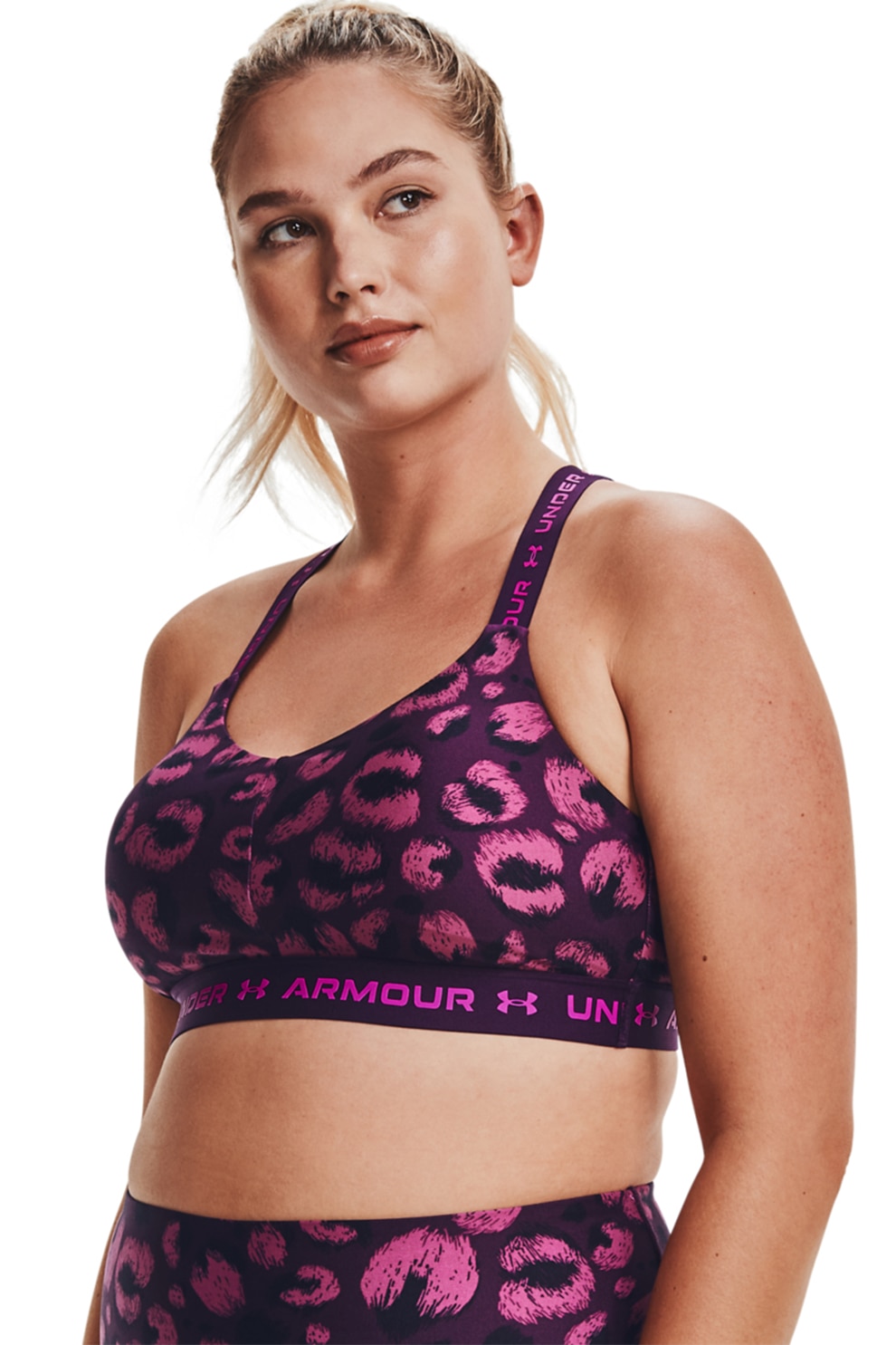 Under Armour, Bustiera cu imprimeu si bretele incrucisate pentru antrenament, Violet