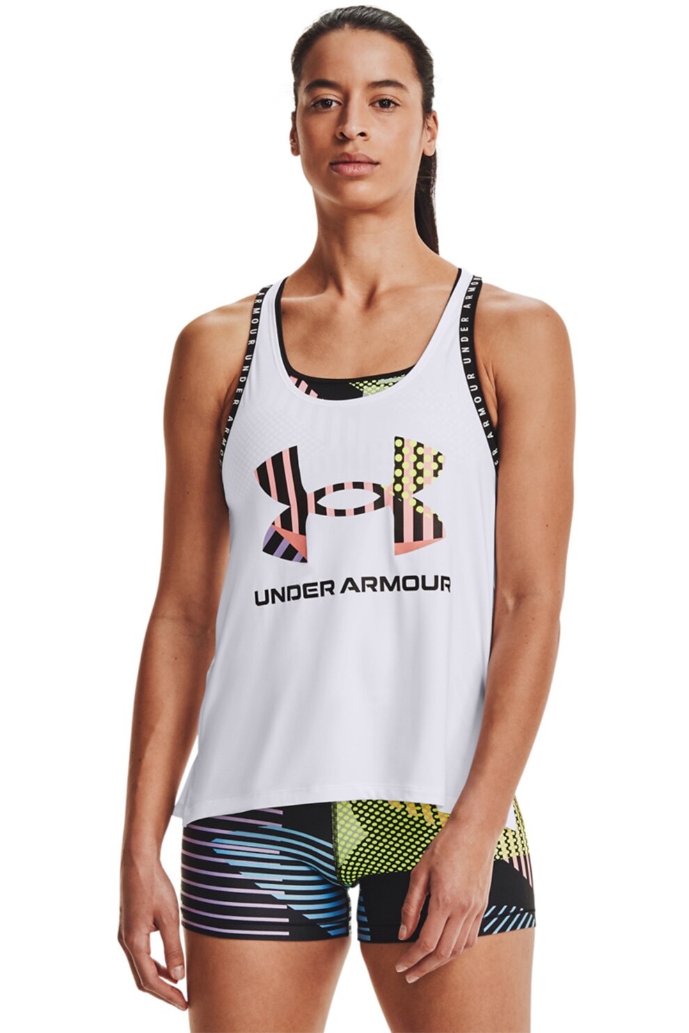 Under Armour, Top cu logo pentru antrenament Knockout Geo, Alb/Galben/Negru