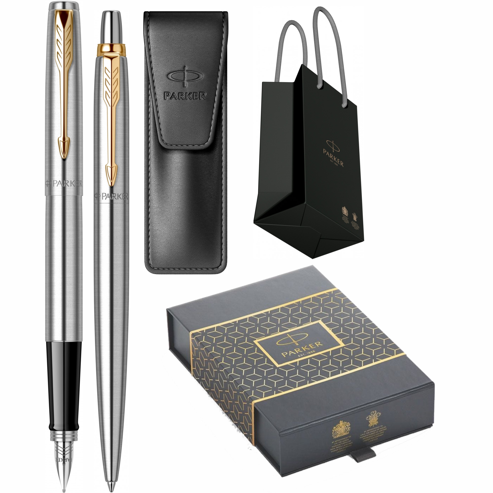 Set Personalizat prin Gravura Laser Parker Stilou Pix Jotter Royal Stainless Steel GT in cutie duo, cu etui Leather Black si punga