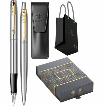 Set Personalizat prin Gravura Laser Parker Stilou Pix Jotter Royal Stainless Steel GT in cutie duo, cu etui Leather Black si punga Set Personalizat prin Gravura Laser Parker Stilou Pix Jotter Royal Stainless Steel GT in cutie duo, cu etui Leather Black si punga