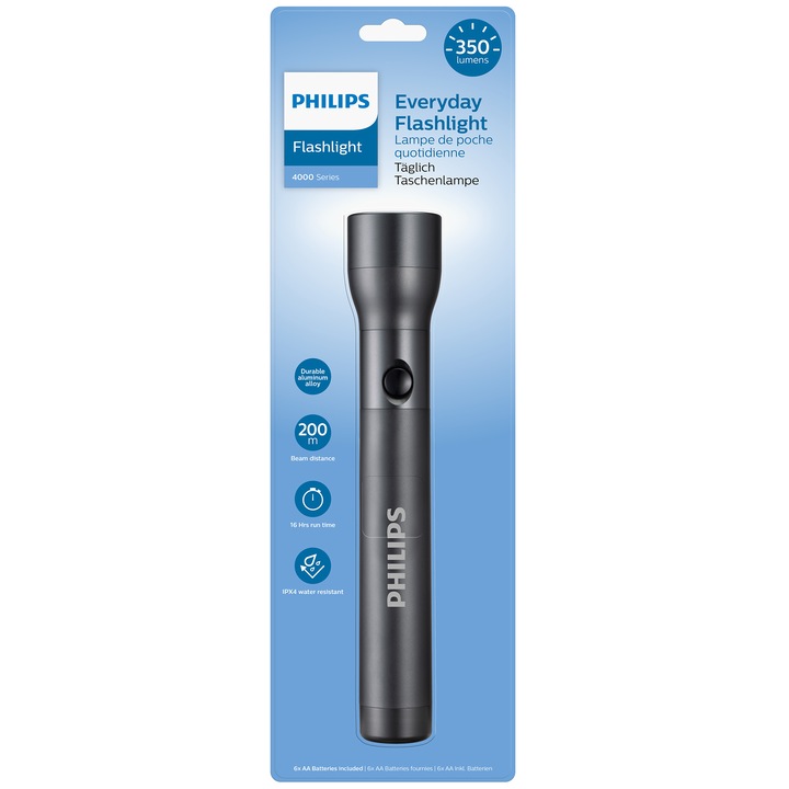 LED фенерче Philips Everyday SFL4003T/10, 350 лумена, Влагоустойчивост IPX4, Включени батерии 6xAA, Алуминий