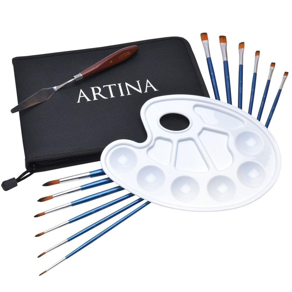 Set pensule cu paleta Artina, Trusa din textil cu fermoar, Multicolor