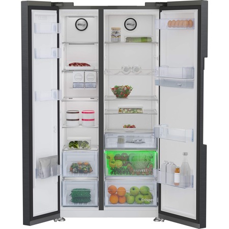 Side by side Beko GN163130ZGB, 576 l, Clasa E, NeoFrost Dual Cooling, HarvestFresh, Compresor inverter, Dozator de apa, H 179 cm, Dark Inox
